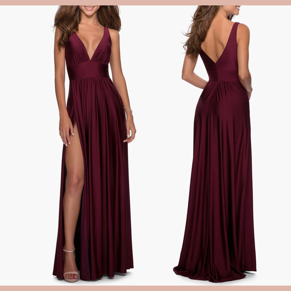 NWD $328 La Femme [ 10 ] Sleeveless Plunge Neck A Line Gown in Dark Berry #Q1059